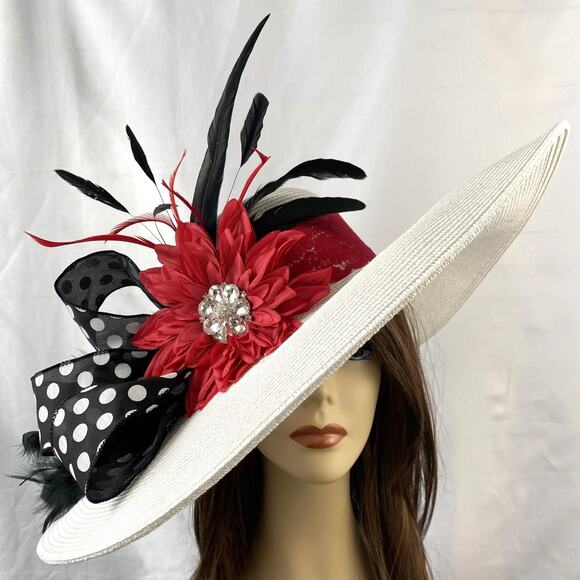 Hand Crafted Accessories - Retro White Red Womens Kentucky Derby Hat Jeweled Flower Polka Dot Bow Wide Brim